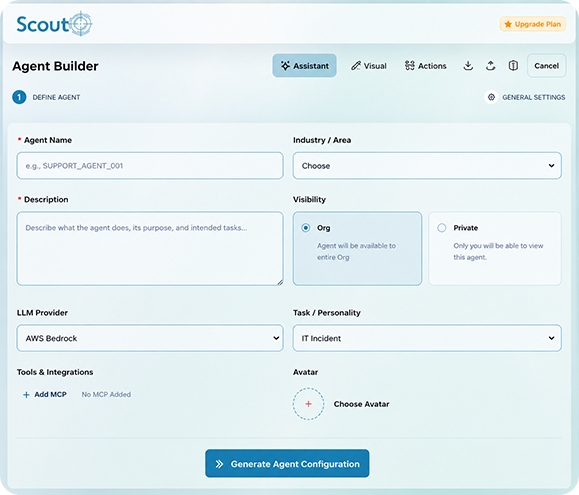 Agent Studio builder screen for configuring a new AI agent